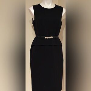 Calvin Klein Black Midi Peplum Dress with Rhinestone Black Stretch Belt Sz 10